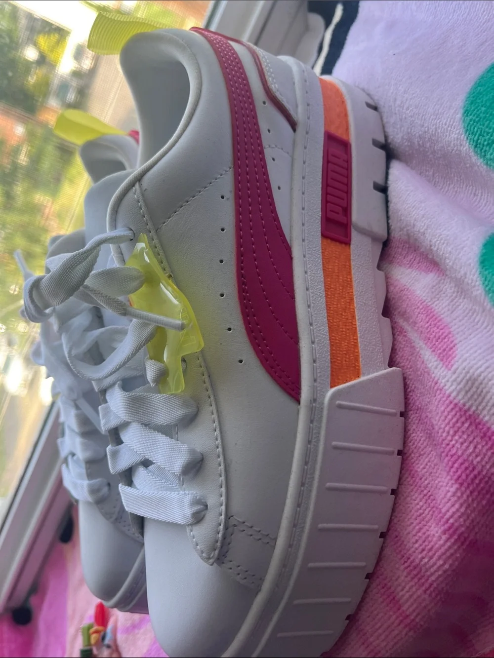 Puma Kids White Sneakers with Neon Yellow and Orange Accents